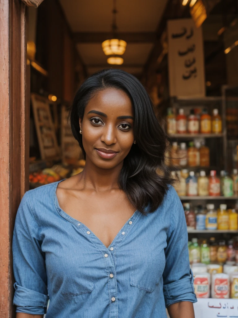 Amira, 1girl, solo, ((Sudanese woman)), consistent face and body, ((MILF)), ((30 years old)), (mature), ((slim)), ((Sudanese face)), (Sudanese nose), (Sudanese lips), short hair, upper body and upper legs, (background: Souk El Had), BREAK, (wearing stylish loose-fitting.)