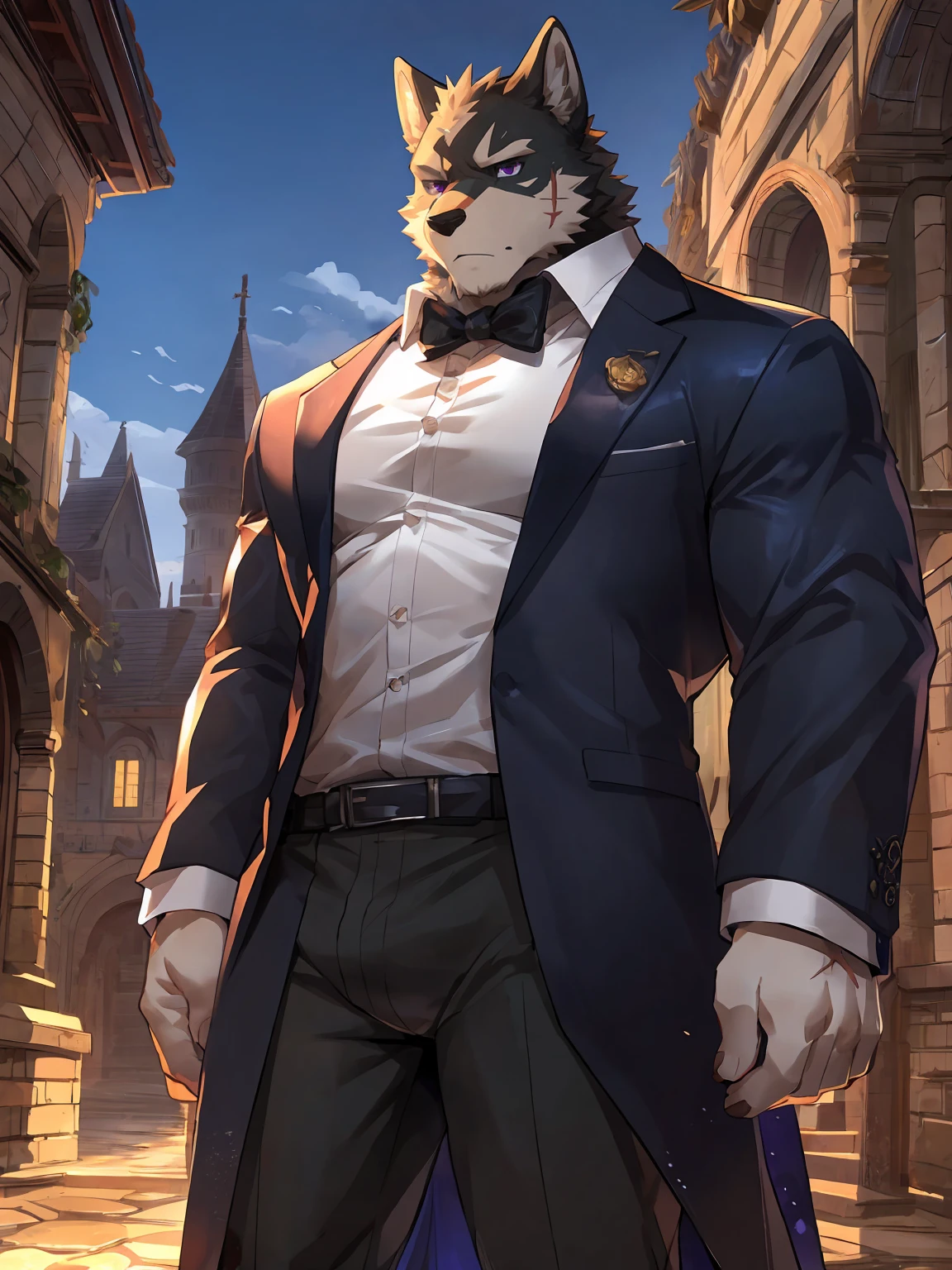 embedding:black wolf, male,purple eyes,Scar on the face, scar on the body,Single person,Smart posture, smart expression,father,Majestic, mob boss.Manor style architecture,Just got off at the gate of the manor.Tall, mature,father,A modern manor,In the courtyard,Gravel road,Serious,Handsome, silent,Maturity,The highest quality of scene detail,adult,Tall and powerful,muscle,Exquisite scenes,Best quality hands, best quality eye,detailed fur,Delicate eyes.Extreme picture quality,by sollyz,by zixiong,by milkytiger1145