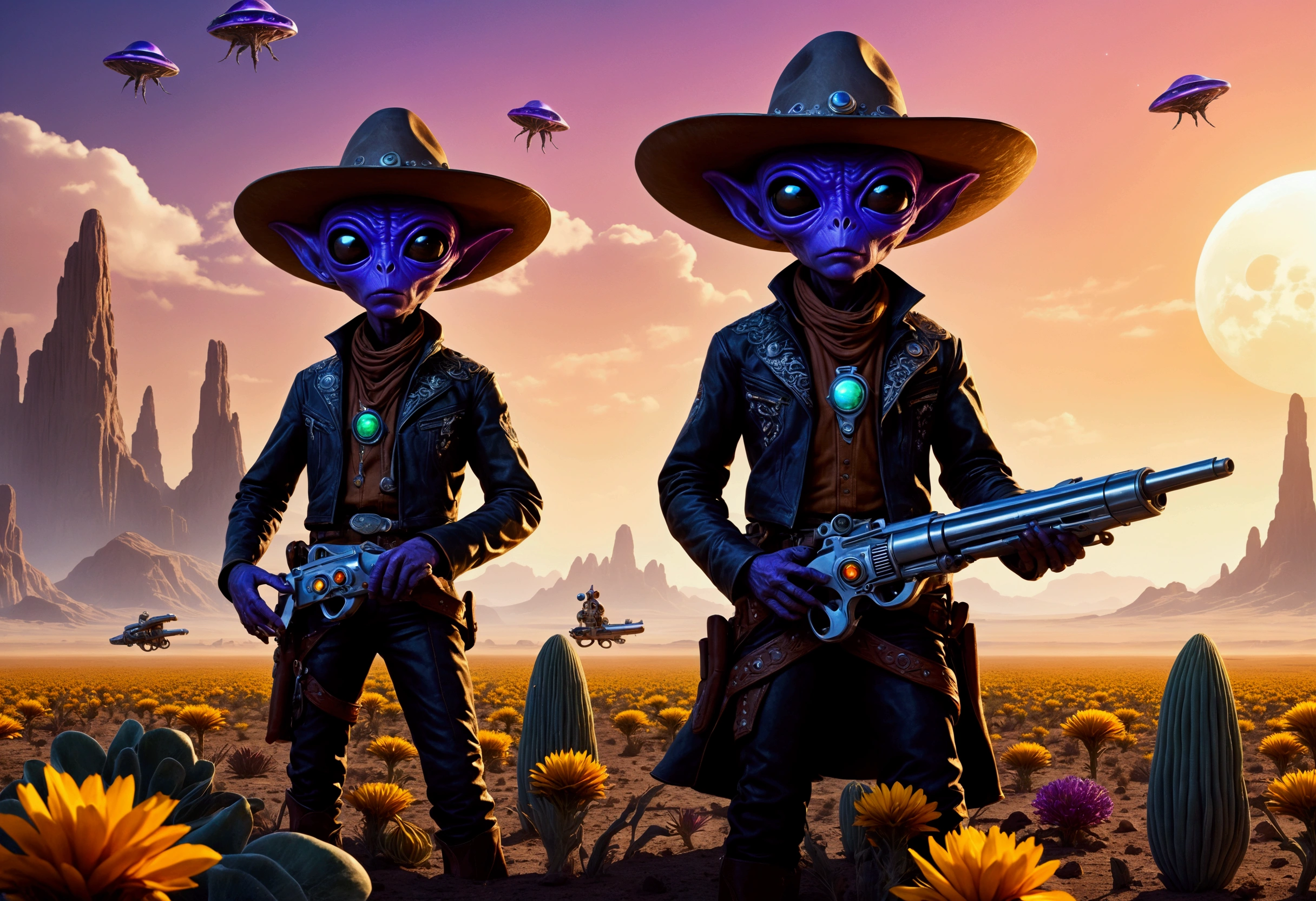 Alien cowboys (lean, big head, huge dark eyes, cowboy outfit, ray guns) are riding on crystalline beetles, alien plains with strange plants, violet skies, 2 suns
