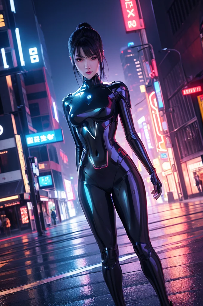 Beautiful female android, model-like body, glowing eyes, metallic body, shiny smooth surface, background reflected on body surface, blue-black body, downtown at night, neon sign, raining, cyberpunk cityscape, blur background, emphasize outline of person,