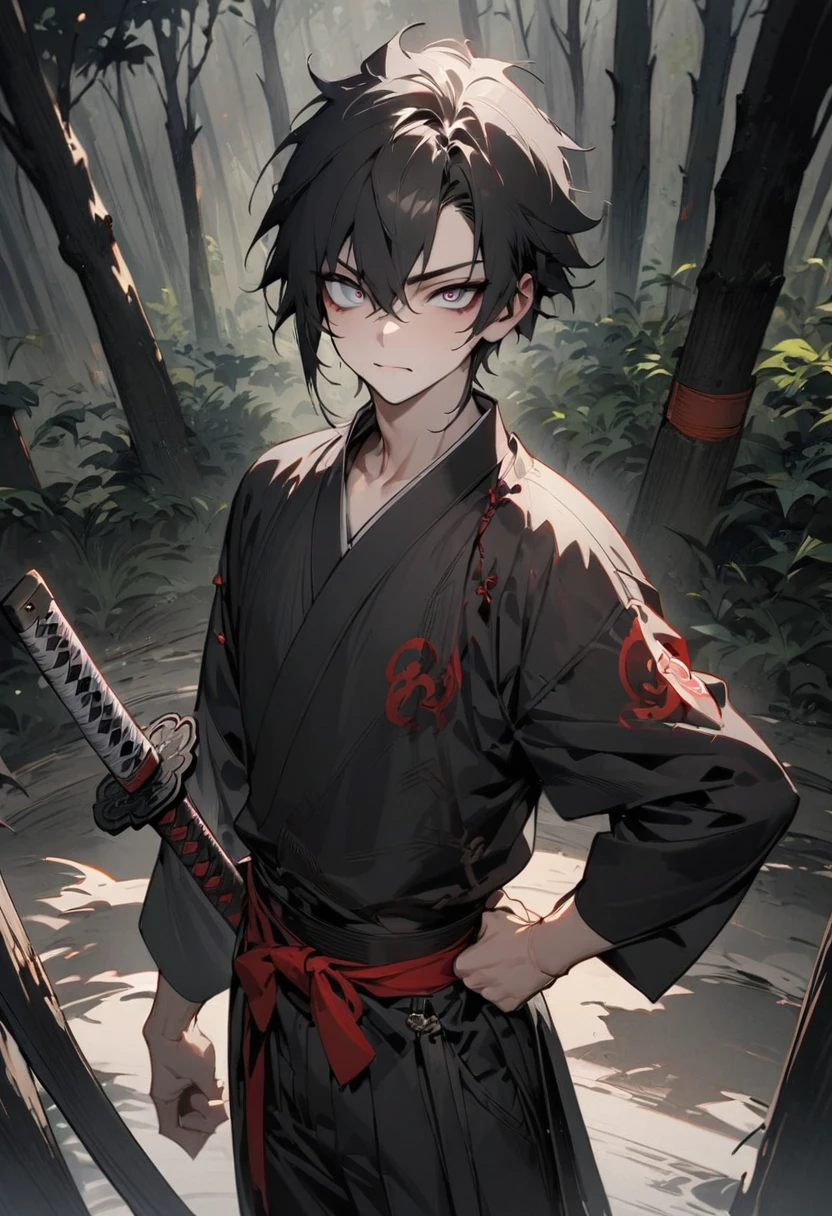 young man with calm face ,Male Dark, dark Woods,Red & Black colors, pale eye, samurai dnd, ronin background, katana in hip, masterpiece, detailed