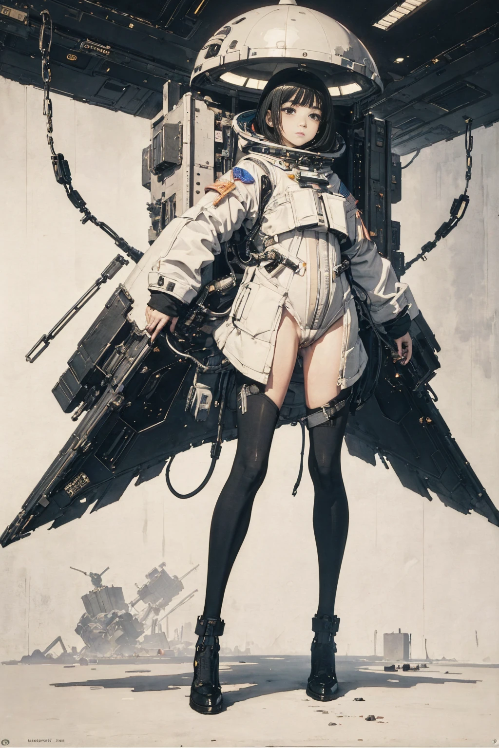 (masterpiece: 1.2, Highest quality), One Girl,, change, slim, Classic space suit, (, Bottomless, Naked Pussy),astronaut,  Spread your legs, strict, Spaceship, Futuristic, sf, Space Age Design,  watercolor, Bauhaus influence 、Genre painting, Pointillism, masterpiece, Textured skin, Anatomically correct, Awards