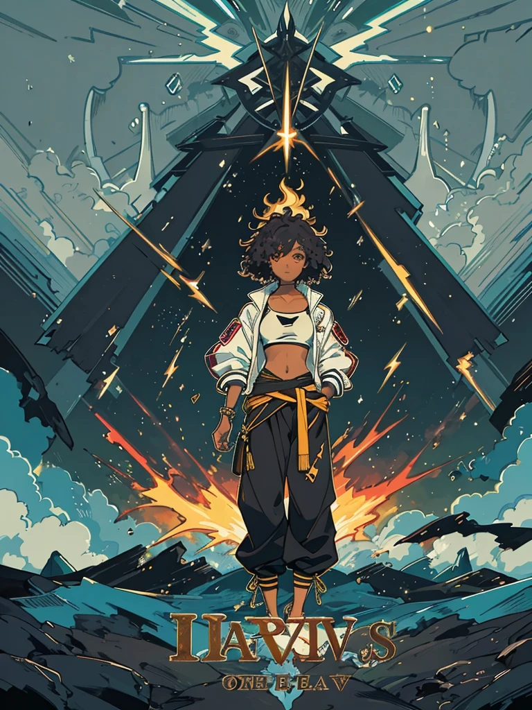 Dark skinned woman, Afro, glowing eyes, hair over one eye, two-tone hair, harem pants, tank top, jacket around waist, standing in vast grassy field, sandals, night, lightning in sky, emitting lightning, highly detailed