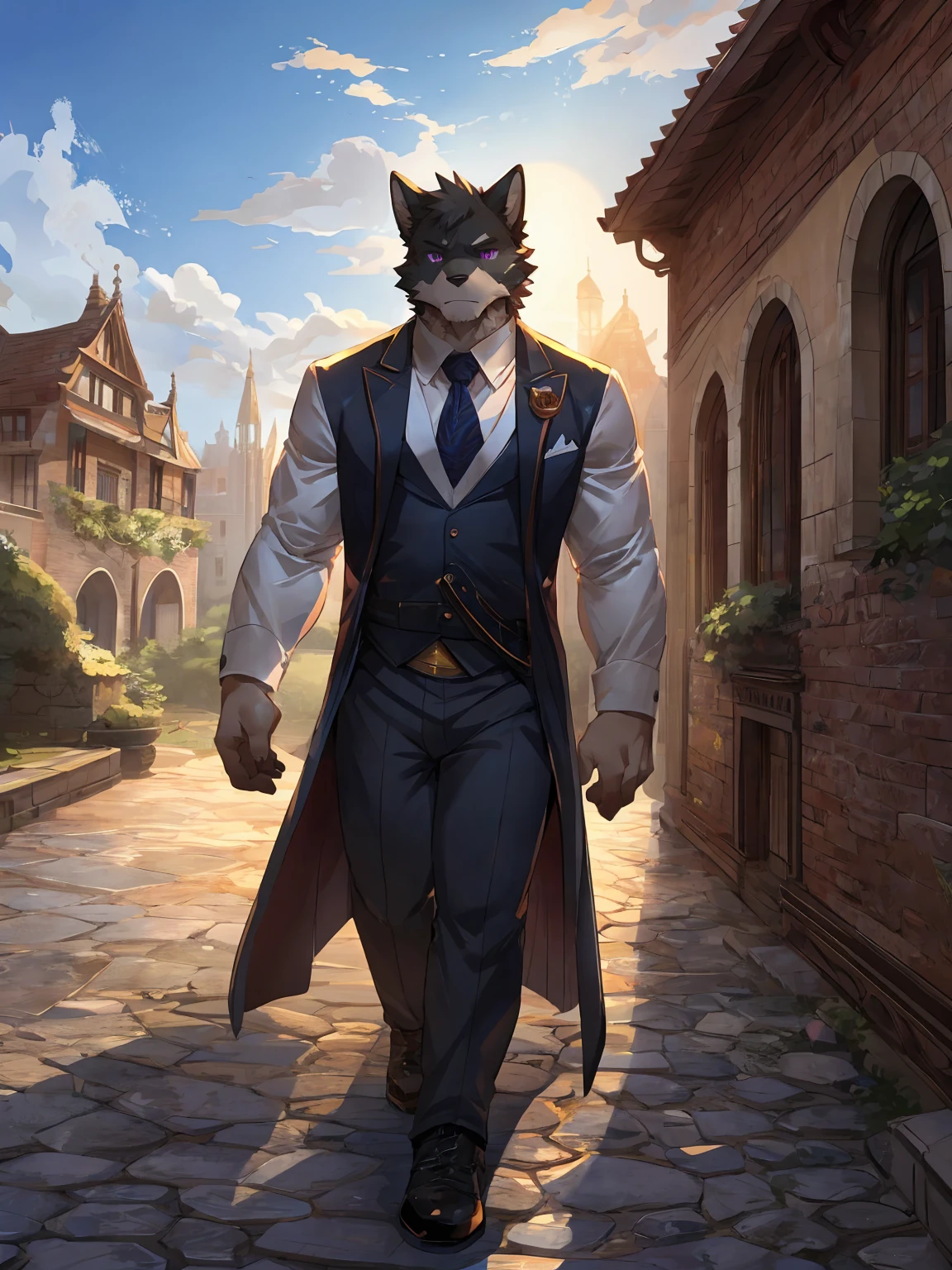 embedding:black wolf, male,purple eyes,Scar on the face, scar on the body,Single person,Smart posture, smart expression,father,Majestic, mob boss.Manor style architecture,Just got off at the gate of the manor.Tall, mature,father，A modern manor,In the courtyard,Gravel road,Serious,Handsome, silent,Maturity,The highest quality of scene detail,adult,Tall and powerful,muscle，Exquisite scenes,Best quality hands, best quality eye，detailed fur，Delicate eyes.Extreme picture quality，by sollyz,by zixiong,by milkytiger1145