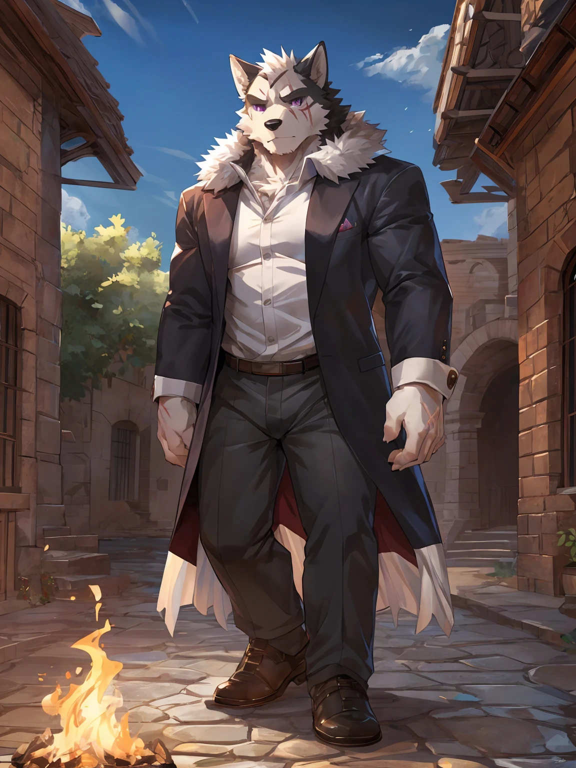 embedding:black wolf, male,purple eyes,Scar on the face, scar on the body,Single person,Smart posture, smart expression,father,Majestic, mob boss.Manor style architecture,Just got off at the gate of the manor.Tall, mature,father,A modern manor,In the courtyard,Gravel road,Serious,Handsome, silent,Maturity,The highest quality of scene detail,adult,Tall and powerful,muscle,Exquisite scenes,Best quality hands, best quality eye,detailed fur,Delicate eyes.Extreme picture quality,by sollyz,by zixiong,by milkytiger1145