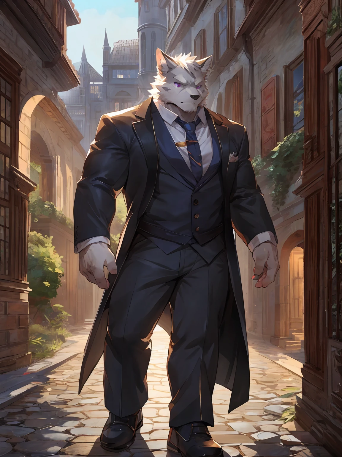 embedding:black wolf, male,purple eyes,Scar on the face, scar on the body,Single person,Smart posture, smart expression,father,Majestic, mob boss.Manor style architecture,Just got off at the gate of the manor.Tall, mature,father，A modern manor,In the courtyard,Gravel road,Serious,Handsome, silent,Maturity,The highest quality of scene detail,adult,Tall and powerful,muscle，Exquisite scenes,Best quality hands, best quality eye，detailed fur，Delicate eyes.Extreme picture quality，by sollyz,by zixiong,by milkytiger1145