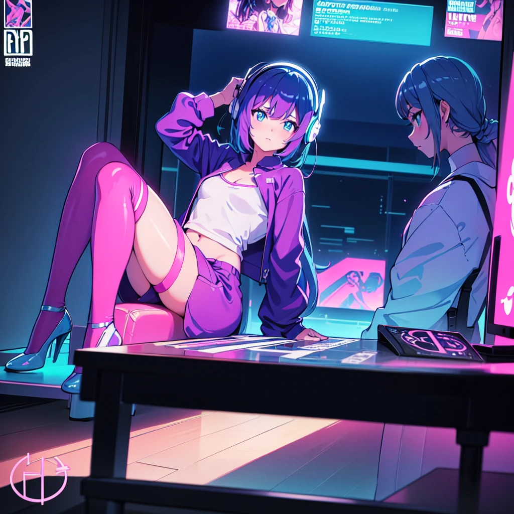 (masterpiece), Highest quality, Expressive eyes, Neon pastel aesthetics, Retro 90s, Neon color,((Girl sitting on sofa,In a cozy room,Records hanging on her wall, Comic books on the floor, Looking out the window behind her at the night city, Upholstered room, Anime figures lined up on a shelf)), Wearing headphones, (All around her it sparkles), (Wearing high socks and heels), (blue eyes), (Soft look), (Synthwave Art Style), Colorful Hair, Desk with PC set up
