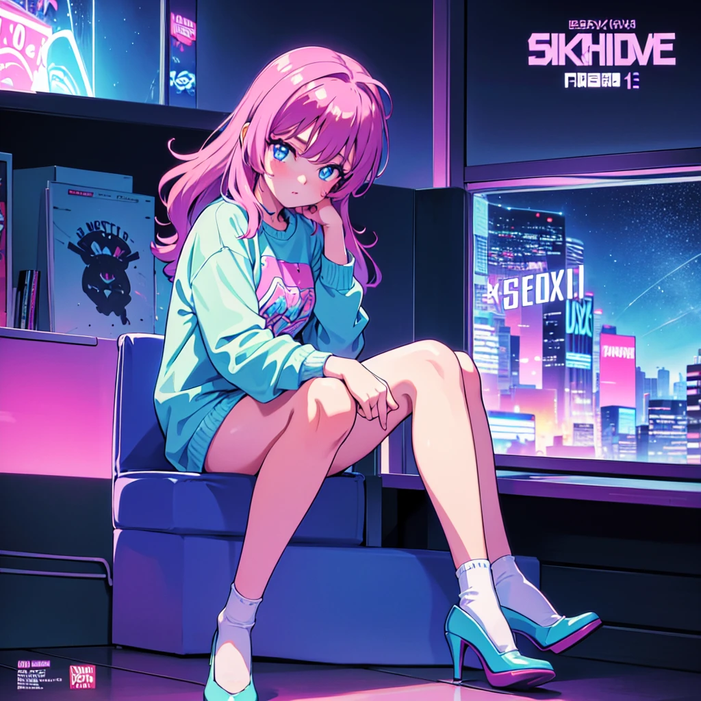 (masterpiece), Highest quality, Expressive eyes, Neon pastel aesthetics, Retro 90s, Neon color,((Girl sitting on sofa,In a cozy room,Records hanging on her wall, Comic books on the floor, Looking out the window behind her at the night city, Upholstered room, Anime figures lined up on a shelf)), Wearing headphones, (All around her it sparkles), (Wearing high socks and heels), (blue eyes), (Soft look), (Synthwave Art Style), Colorful Hair, Desk with PC set up