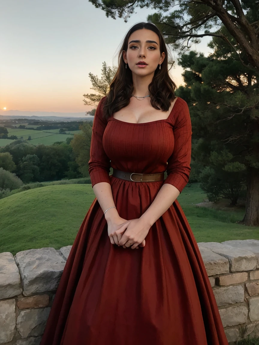 Gorgeous and sultry busty athletic (thin) brunette queen with sharp facial features wearing a modest updo, dark red medieval dress, long sleeves, intricate patterns, scrollwork, wide neck, crown, veil, long dress, modest dress, tight bodice, silver belt, (waist chain), medieval jewelry, Middle Ages, castle, rampart, wall, exterior, on top of a castle wall, trees, countryside, evening, sunset.