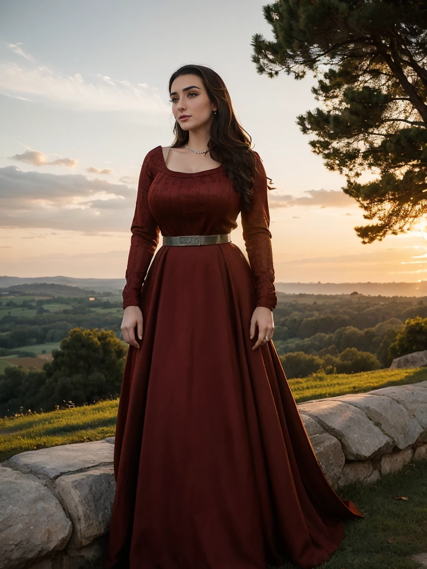 Gorgeous and sultry busty athletic (thin) brunette queen with sharp facial features wearing a modest updo, dark red medieval dress, long sleeves, intricate patterns, scrollwork, wide neck, crown, veil, long dress, modest dress, tight bodice, silver belt, (waist chain), medieval jewelry, Middle Ages, castle, rampart, wall, exterior, on top of a castle wall, trees, countryside, evening, sunset.