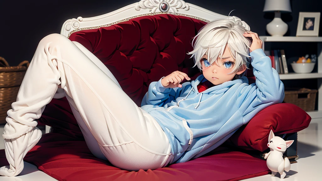 An anime image of a small boy with white hair wearing a thick diaper underneath fox hoodie-footie pjs, hoodie-footie pjs, (pampers), ((sleeping in crib, nursery, young boy, 1boy)), solo, adorable, masterpiece, extremely detailed, beautiful eyes, sharp focus, vivid colors, studio lighting, intricate details, soft textures, cozy atmosphere, high quality, hood down,
