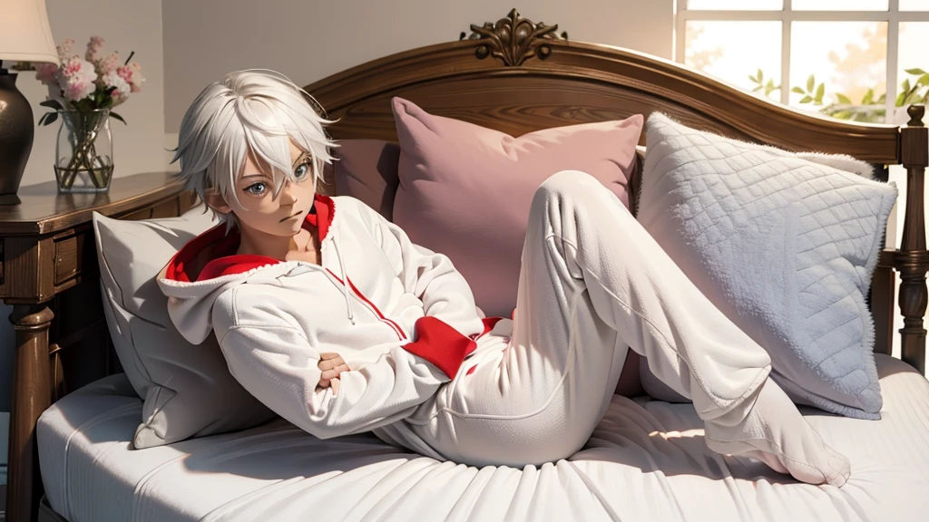 An anime image of a small boy with white hair wearing a thick diaper underneath fox hoodie-footie pjs, hoodie-footie pjs, (pampers), ((sleeping in crib, nursery, young boy, 1boy)), solo, adorable, masterpiece, extremely detailed, beautiful eyes, sharp focus, vivid colors, studio lighting, intricate details, soft textures, cozy atmosphere, high quality, hood down,
