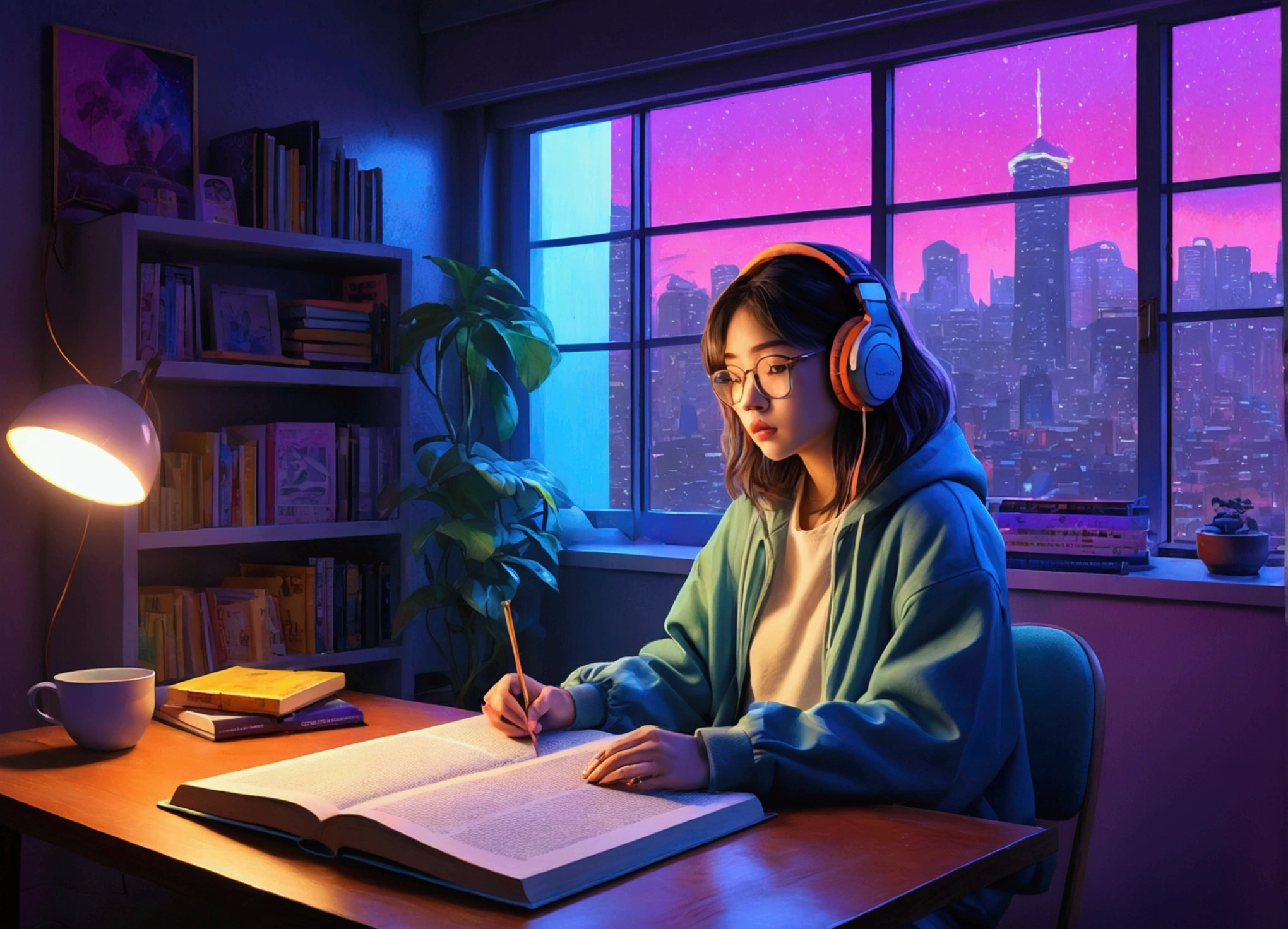 (zero), Girl studying in room, Reading a book, Wear headphones, , night lighting, Neon scenery on a rainy day,Analog Color Theme, Lo-fi hip hop , review, flat, 2.5D ,Draw a line, Ink painting, Large slope, Watercolor, Goosh Colors, Studio Ghibli Style, Great colorful, Outerton, Synthwave, Lofi Art,90s Style,Old Texture, amplitude,90s vibe, Tabletop, Great technology, 16:9 Scale