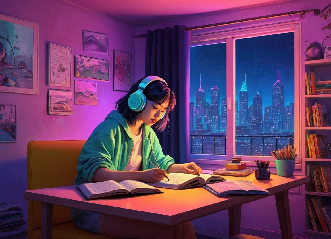 (zero), Girl studying in room, Reading a book, Wear headphones, , night lighting, Neon scenery on a rainy day,Analog Color Theme, Lo-fi hip hop , review, flat, 2.5D ,Draw a line, Ink painting, Large slope, Watercolor, Goosh Colors, Studio Ghibli Style, Great colorful, Outerton, Synthwave, Lofi Art,90s Style,Old Texture, amplitude,90s vibe, Tabletop, Great technology, 16:9 Scale