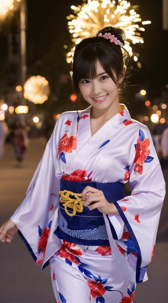 ((Masterpiece，Highest quality，Highest quality，8k，16K，Ultra-high resolution，Extremely detailed，Hyper Quality))，Japanese，Female college student，Beauty，Cute Girls，Large Breasts(G Cup)，yukata，Summer festival，firework，night，(女の子がyukataを着てSummer festivalのfireworkをバックに楽しそうに佇んでいる様子)