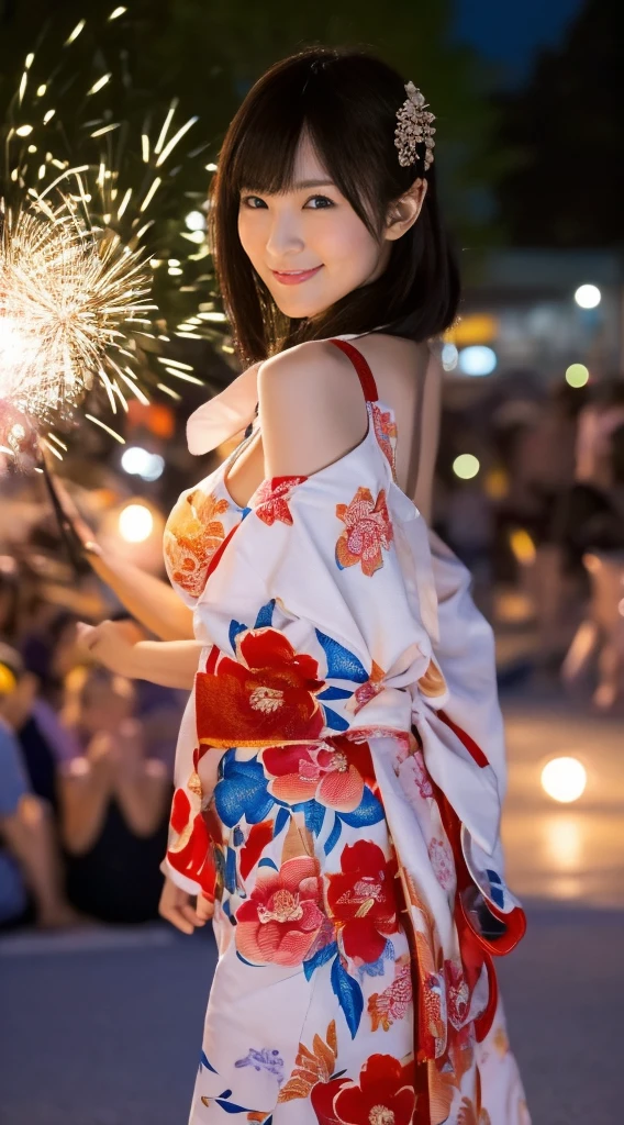 ((Masterpiece,Highest quality,Highest quality,8k,16K,Ultra-high resolution,Extremely detailed,Hyper Quality)),Japanese,Female college student,Beauty,Cute Girls,Large Breasts(G Cup),yukata,Summer festival,firework,night,(女の子がyukataを着てSummer festivalのfireworkをバックに楽しそうに佇んでいる様子)