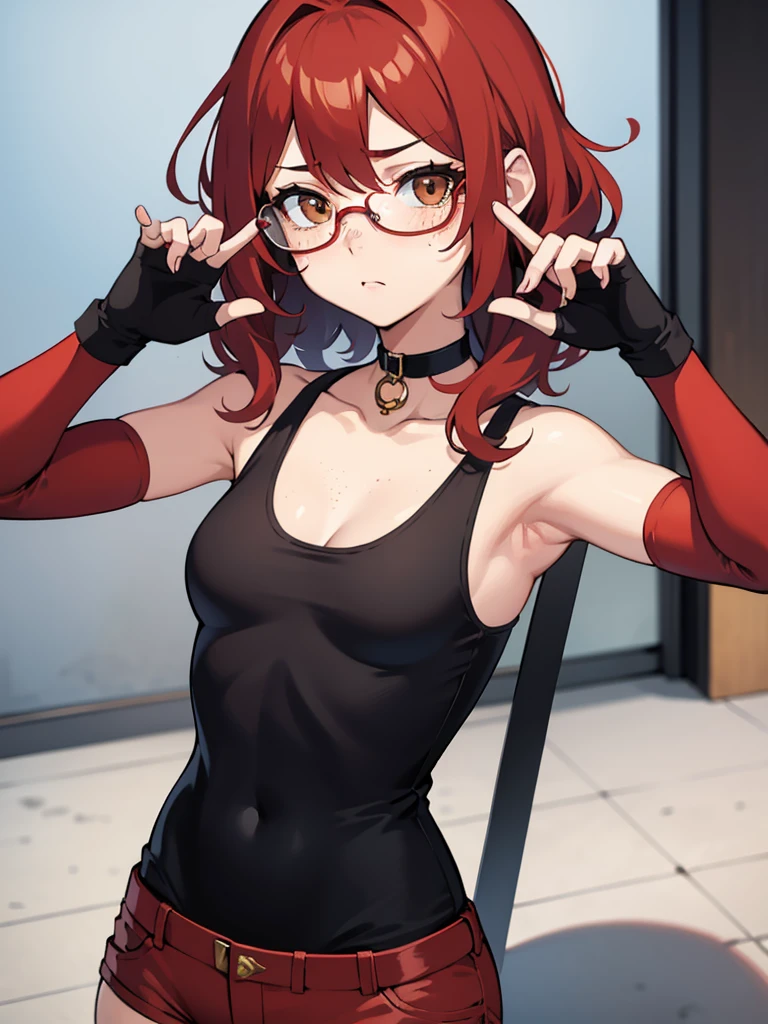 1 girl, Red hair, blushing, medium length hair, curly hair, freckles, mad face, circle glasses, -yellow glasses-, brown eyes,   body shape, fighter, small breasts, black choker, fingercut gloves, tank top, shorts