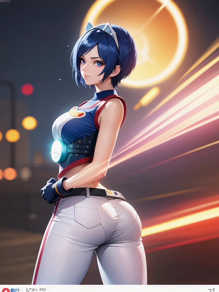 (at night), in a video game scene, a background of a beautiful city during the day raining, standing at attention, semi-short blue hair, blouse with an anime frog face, white flared pants, wearing blue fingerless exercise gloves, has round goggles on her head, huge belt with a round eyeglass, ((blue hair)), 1 girl, alone, 20 years old, young woman, perfect hands, beautiful fingers, beautiful long legs, beautiful body, beautiful nose, beautiful design of characters, perfect face, looking at the viewer with serious gesture (focusing on his face), closed mouth, Light_Smile, official art, extremely detailed CG unity 8k wallpaper, perfect lighting, bright and colorful front lighting, glowing skin (masterpiece : 1.0), (best_quality: 1.0), ultra high resolution, 4K, ultra detailed photography, 8K, HDR, high resolution, nonsense:1.2, Kodak portra 400, film grain, background blur, bokeh:1.2, lens flare, (vibrant_color:1.2), professional photography, (beautiful_face: 1.5), (narrow waist),
