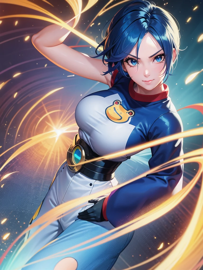 (at night), in a video game scene, a background of a beautiful city during the day raining, standing at attention, semi-short blue hair, blouse with an anime frog face, white flared pants, wearing blue fingerless exercise gloves, has round goggles on her head, huge belt with a round eyeglass, ((blue hair)), 1 girl, alone, 20 years old, young woman, perfect hands, beautiful fingers, beautiful long legs, beautiful body, beautiful nose, beautiful design of characters, perfect face, looking at the viewer with serious gesture (focusing on his face), closed mouth, Light_Smile, official art, extremely detailed CG unity 8k wallpaper, perfect lighting, bright and colorful front lighting, glowing skin (masterpiece : 1.0), (best_quality: 1.0), ultra high resolution, 4K, ultra detailed photography, 8K, HDR, high resolution, nonsense:1.2, Kodak portra 400, film grain, background blur, bokeh:1.2, lens flare, (vibrant_color:1.2), professional photography, (beautiful_face: 1.5), (narrow waist),
