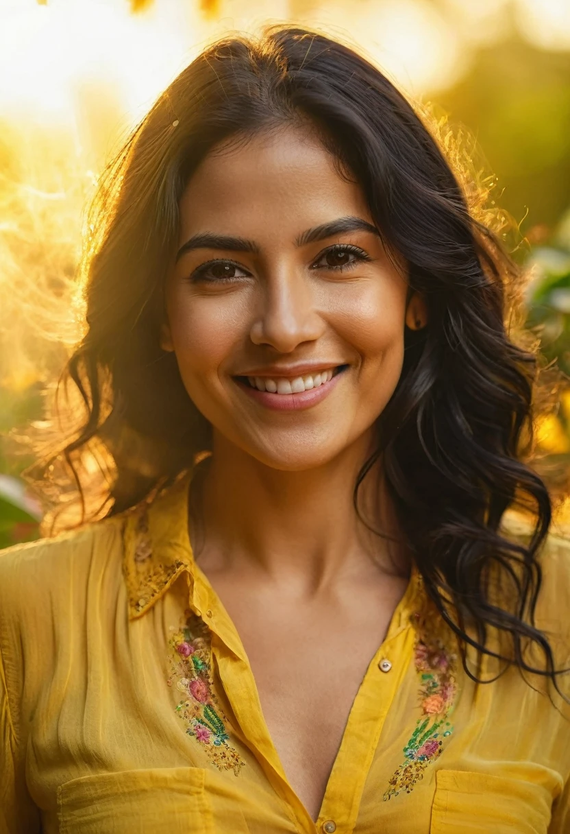 rmx, Close-up, beautiful girl, physical rendering photo of an 35 year old Mexican woman, smiling, full of love and joy, wavy black hair, unbuttoned, yellow blouse, garden background, light on face, dream, magical atmosphere, cinematic lighting, embers, fantasy, action pose, mist, CRU photo, 8k uhd, film grain