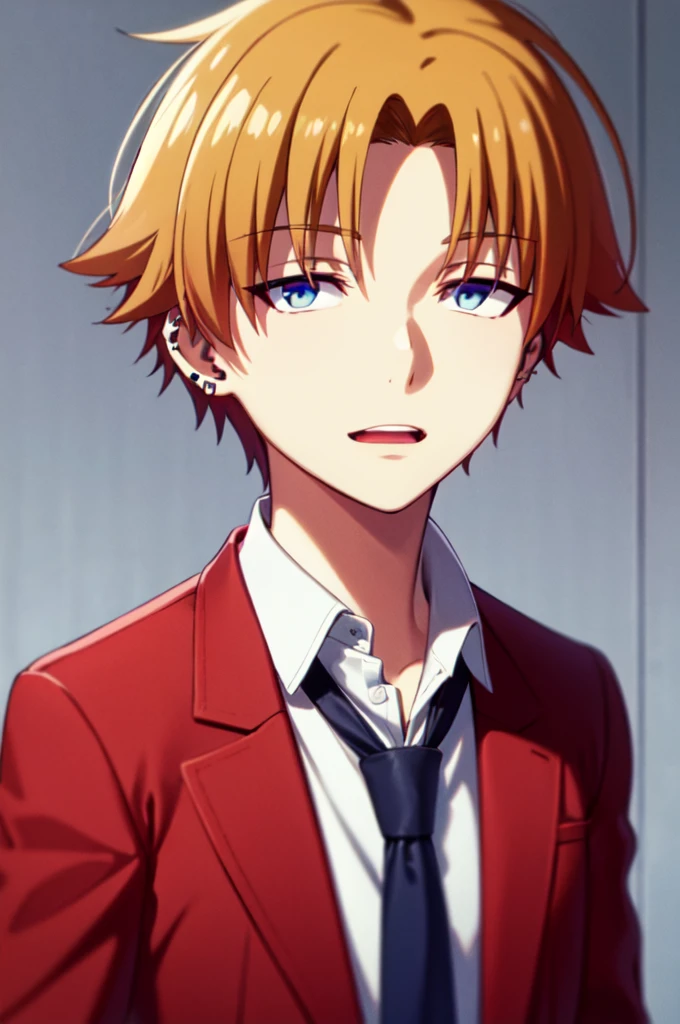 Masterpiece, best quality, 1boy, upper body, necktie, (black ear piercing), open mouth, simple backround, blonde hair, expressionless, short hair, jacket, looking at viewer, smirk, red jacket