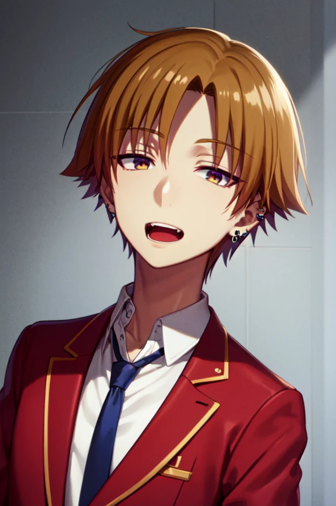 Masterpiece, best quality, 1boy, upper body, necktie, (black ear piercing), open mouth, simple backround, blonde hair, expressionless, short hair, jacket, looking at viewer, smirk, red jacket
