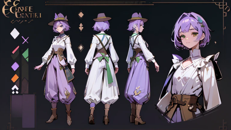 (Masterpiece, best quality), detailed, 1 gardener woman, ((character concept art)), ((character design sheet, reference sheet, same character, front, side, back)), full body, body complete, 1 gardener female, 1 gardener women. Character design sheet full body, Highly detailed, character sheet, character design, Many parts, pale skin, green eyes, short purple hair, male hairstyle, short male hair, lavender flower, lavender flower reference, lavender flower character reference, lavender flower inspired, flat chest, garden hat, gardening hat, pants, Ecofashion, Ecopunk, Ecology, Earthy clothing, gardening clothing, gardening, garden, Solarpunk, Solarpunk reference, Solarpunk inspired, cottagecore aesthetic, cottagecore, pants.