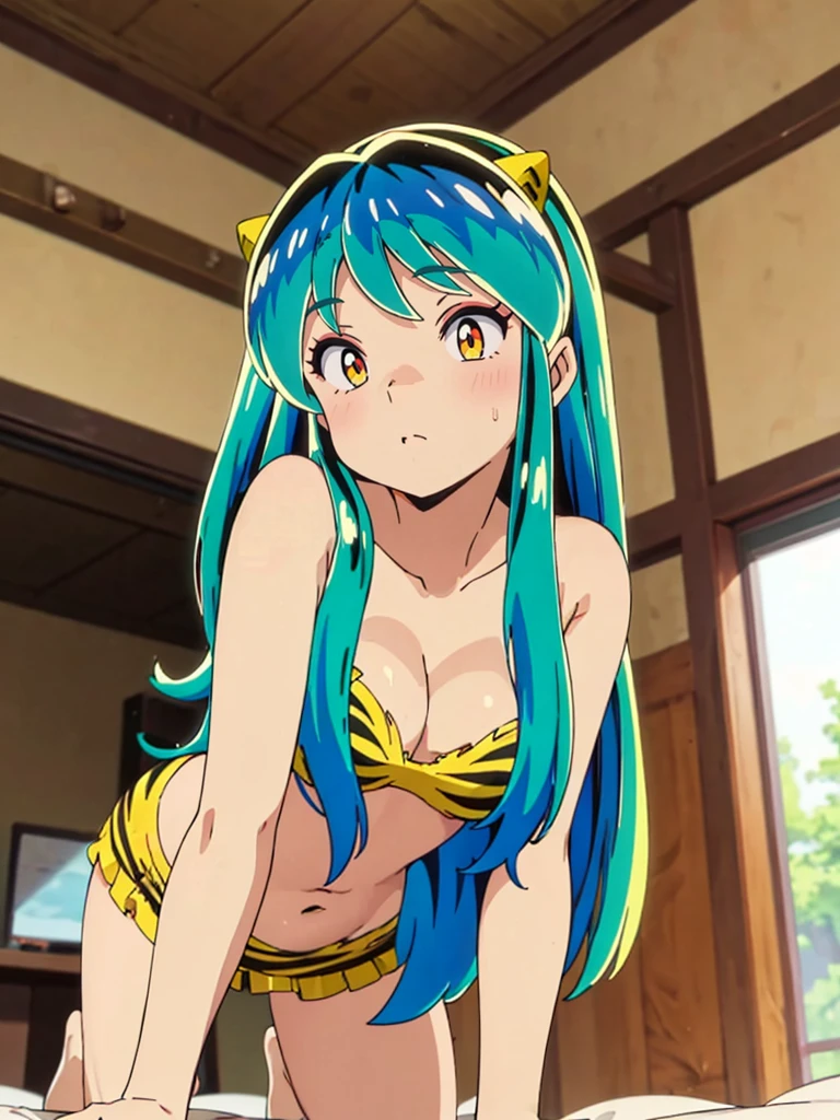 masterpiece, Highest quality, 1 Girl, Lum、Tiger print bikini, High definition, Face close-up, smile, blush, 18-year-old, looking down, come to stand at attention, view from front, Greenish silver hair, From before, EdobUruseiYatsura, anime
