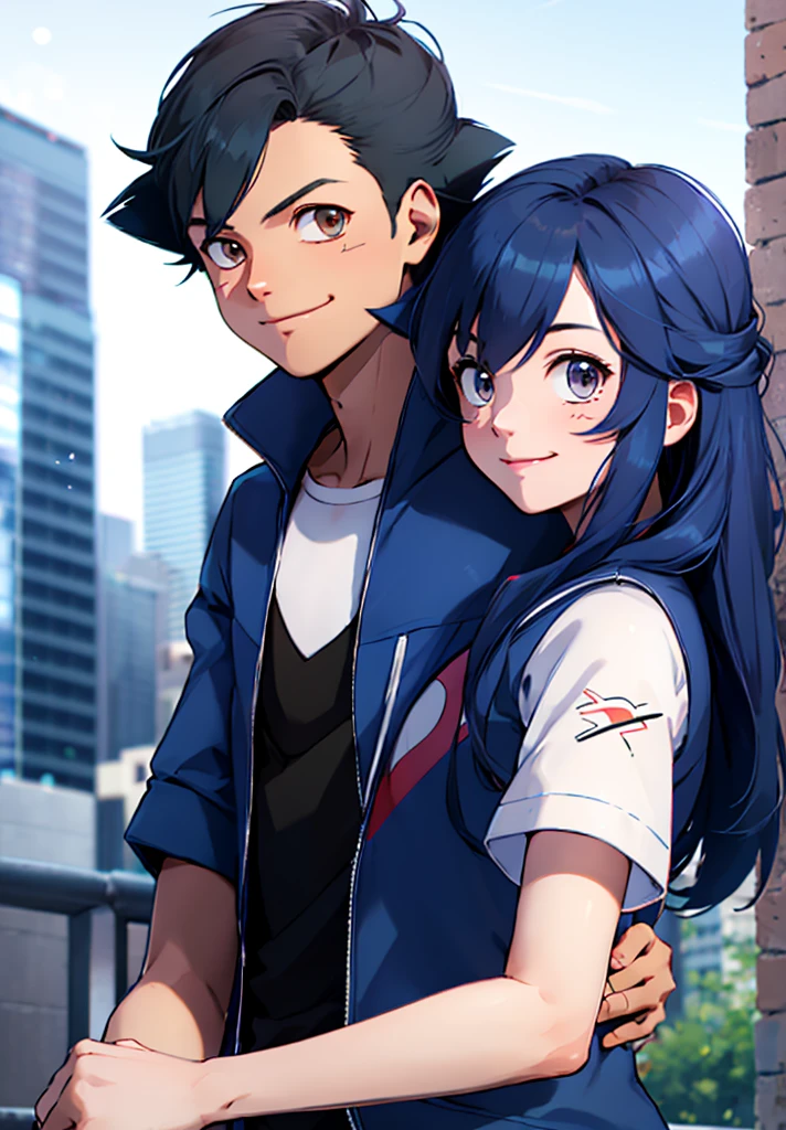 good quality,couple, 1 girl (dawn, long blue hair ,blue eyes,cap) ,evening,city, 1 man (ash Ketchum, black hair,Brown eyes),smiling