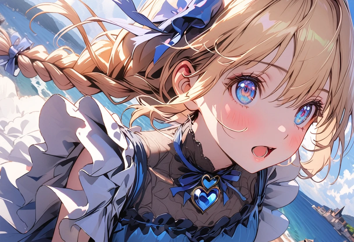 1female\(princes,cute,kawaii,age of 20,long braid hair,blonde,eye color ocean blue,big eyes,dynamic pose,wearing beautiful heart neck dress,looking away,looking up\), BREAK ,background\(castle,seashore\), BREAK ,quality\(8k,wallpaper of extremely detailed CG unit, ​masterpiece,hight resolution,top-quality,top-quality real texture skin,hyper realisitic,increase the resolution,RAW photos,best qualtiy,highly detailed,the wallpaper,cinematic lighting,ray trace,golden ratio\),,close up throat,[nsfw]