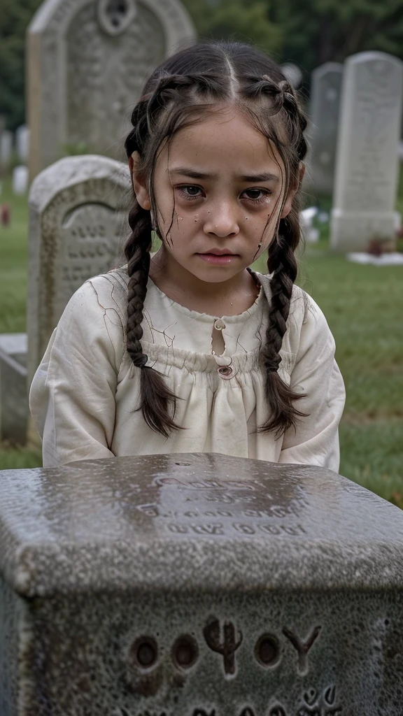 face of a beautiful 5--old l, white skin, brown eyes, black hair with braids, extremely sad and melancholic, eyes watering a lot, crying expression, crying little, 1 large tear highlighted, looking at the tombstone of a deceased elderly person. image with little zoom, entire tombstone in the photo