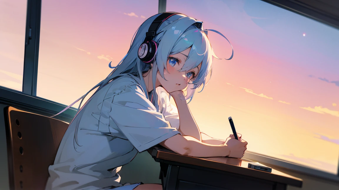 Anime girl sitting at a desk writing with headphones on, Anime drawing by Ei-Kyu, pixiv Contest Winner, Analytical Arts, Nightcore, Anime Style 4k, anime art wallpaper 4k, anime art wallpaper 4k, Anime Moe Art Style, Anime Art Wallpapers 8K, anime wallpaper 4k, anime wallpaper 4k, 4k anime wallpaper