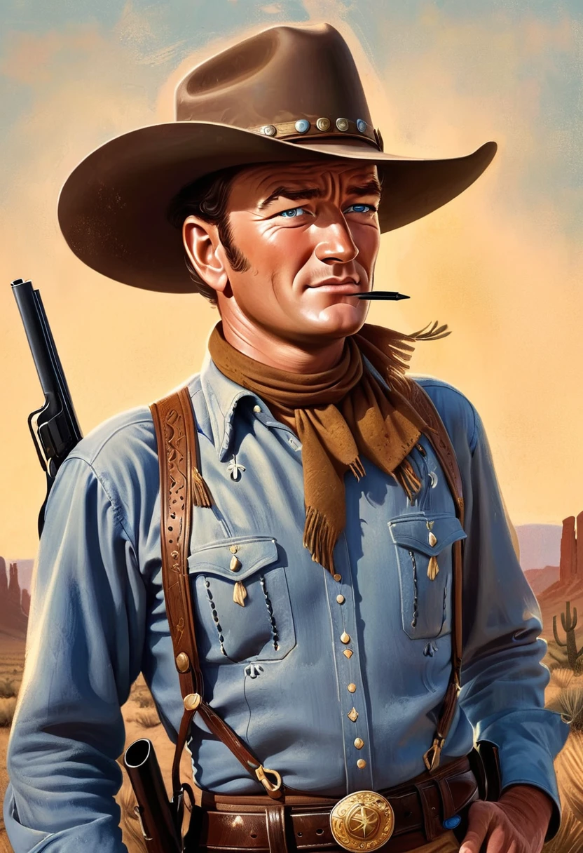 Portrait of a young John Wayne as a cowboy. Detailed portrait, chiseled features, piercing blue eyes, rugged good looks, weathered skin, cowboy hat, western outfit, gun holster, desert landscape, golden hour lighting, cinematic composition, dramatic shadows, muted colors, gritty realism, classic Hollywood style, children's illustration style.