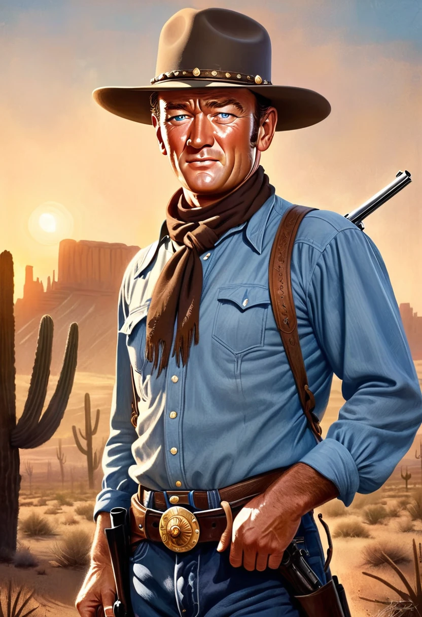 Portrait of a young John Wayne as a cowboy. Detailed portrait, chiseled features, piercing blue eyes, rugged good looks, weathered skin, cowboy hat, western outfit, gun holster, desert landscape, golden hour lighting, cinematic composition, dramatic shadows, muted colors, gritty realism, classic Hollywood style, children's illustration style.