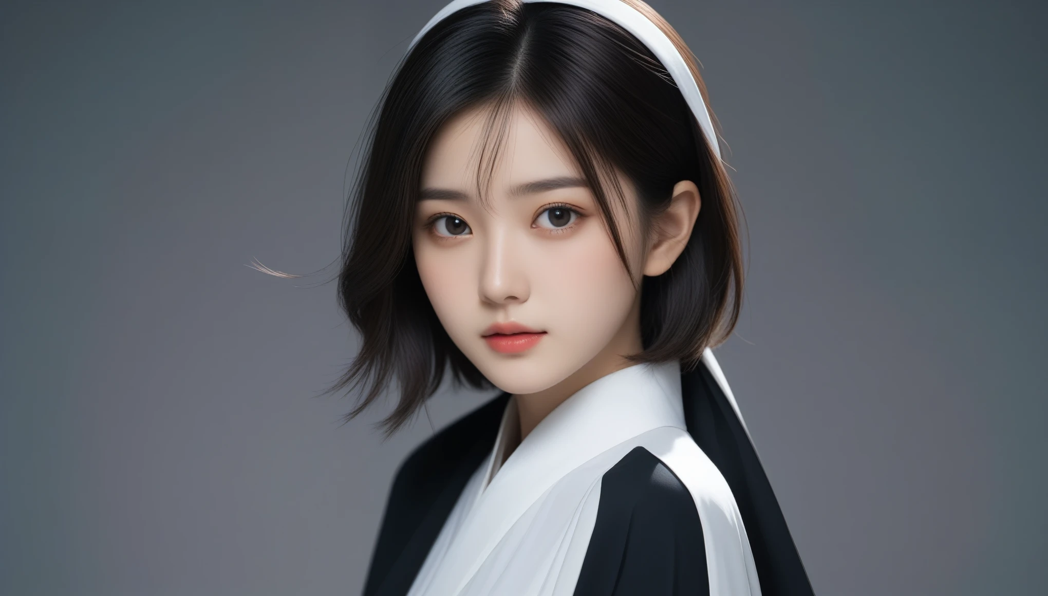 8k, Ultra-high resolution, Highest quality, masterpiece, 三分割法によるphotograph,Surreal, photograph, 1 Girl, (:1.3), pretty girl, Cute Face, Beautiful eyes in every detail, 細かくdetailedに,masterpiece,One Girl:1.2, Japan Female Announcer,extream close up,sad,streaming tears,Black short hair,Messy hair,(Nun's clothing:1.3),(印象派の美しい少女のPortraiture), (Gray background:1.3),(Impressionist light and colour),prayer,Realistic Skin, Perfect and beautiful face ,完璧でCute Face, Skin with attention to detail, Perfect limbs、Narrow waist,Looking at the audience、beauty,Long neck,clavicle,(((Ideal body type))),A cup small breasts :2,Portraiture:2,Perfect Anatomy,鮮明なdetailed,detailed,Surreal,Light and shadow,spotlight