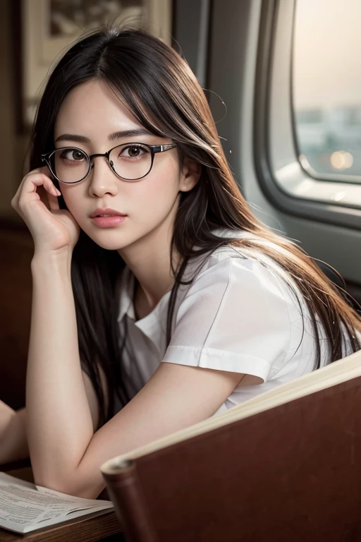 (RAW Photos, Highest quality), (Realistic, Photo Realistic: 1.3), Highest quality, Very detailed, masterpiece, Hyper Detail, figure, 1 girl, Dynamic Angle,Glasses,Blackhair,Reading book,Dynamic Angle, World masterpiece Theater, Messy_length_hair, Highest quality, Very detailed CG Unity 8k wallpaper, ink, wonderful, Cinema Lighting, lens_Flare, Full body image: 1.2, flight: 1.2