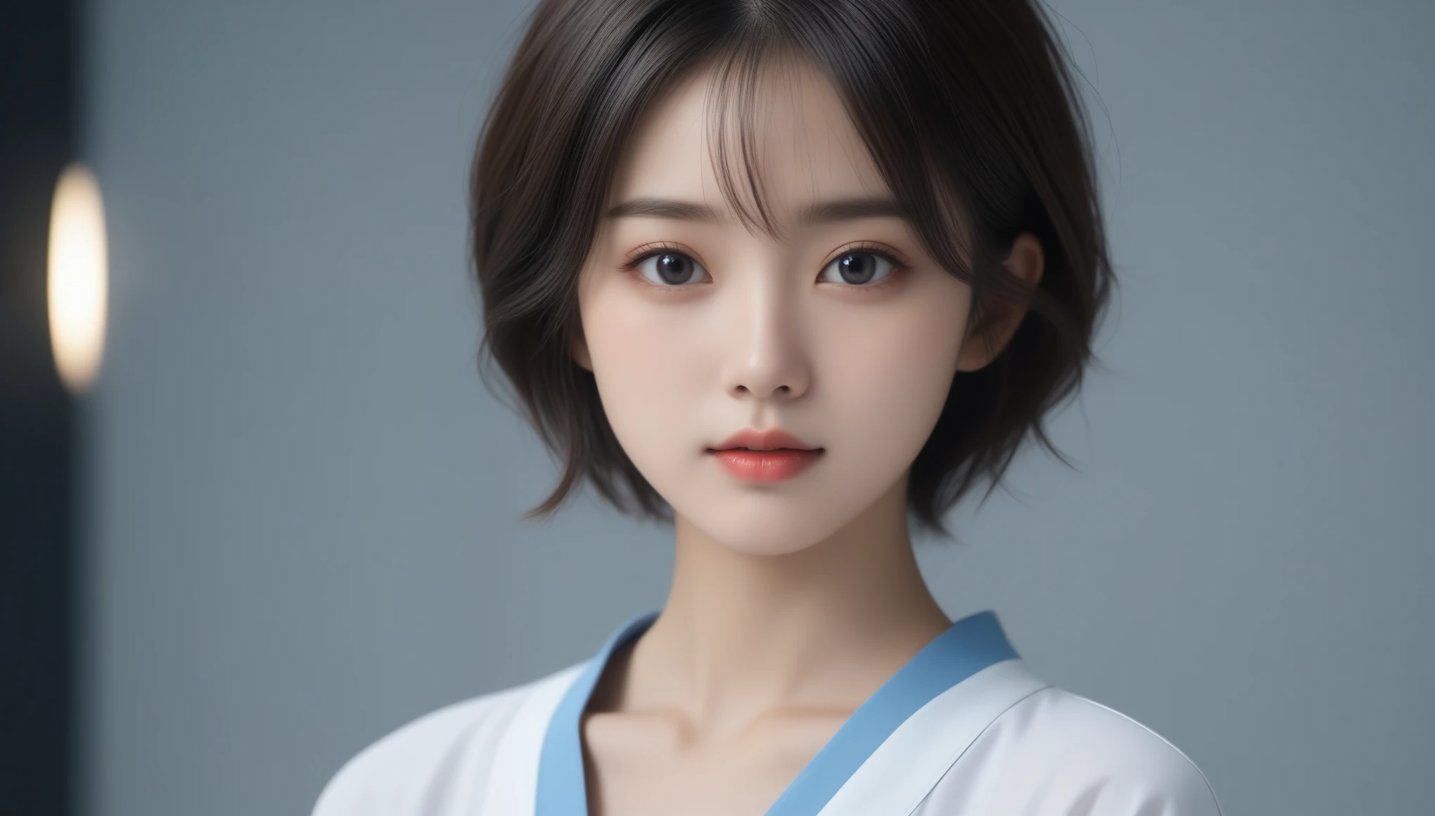 8k, Ultra-high resolution, Highest quality, masterpiece, 三分割法によるphotograph,Surreal, photograph, 1 Girl, (:1.3), pretty girl, Cute Face, Beautiful eyes in every detail, 細かくdetailedに,masterpiece,One Girl:1.2, Japan Female Announcer,extream close up,sad,streaming tears,Black short hair,Messy hair,(Nun's clothing:1.3),(印象派の美しい少女のPortraiture), (Gray background:1.3),(Impressionist light and colour),prayer,Realistic Skin, Perfect and beautiful face ,完璧でCute Face, Skin with attention to detail, Perfect limbs、Narrow waist,Looking at the audience、beauty,Long neck,clavicle,(((Ideal body type))),A cup small breasts :2,Portraiture:2,Perfect Anatomy,鮮明なdetailed,detailed,Surreal,Light and shadow,spotlight