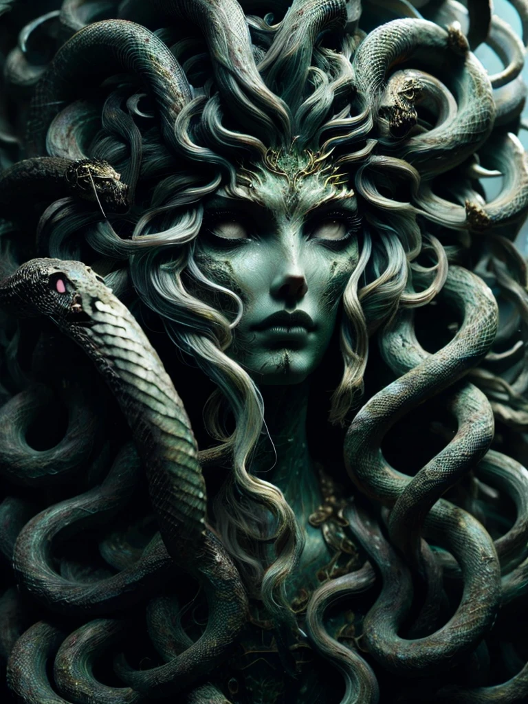 Medusa a woman with snake dreads holding In Greek mythology, Medusa, also called Gorgo, a human female with living venomous snakes in place of hair, dark, moody, dark fantasy style