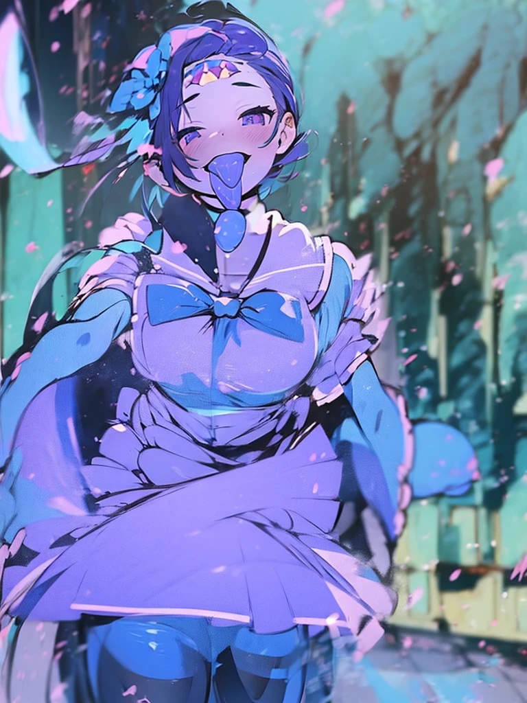 (((magical girl))),(depth of field), best quality,cute,tights,ribbon,ghost girl,(blue skin),smile,open mouth,((((blue tongue))))