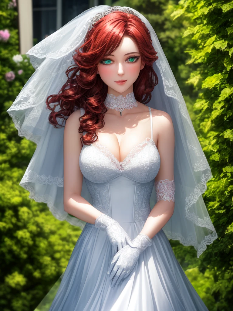 (masterpiece, best quality, highres:1.2), (photorealistic:1.2), (intricate and beautiful:1.2), (detailed light:1.2), (soft lighting, side lighting, reflected light), (colorful, dynamic angle), (1girl), standing, green eyes, beautiful detailed eyes, looking at viewer, (close up),
red hair, (long hair:1.2), (light smile:1.1), closed mouth, light blush, curly hair, medium breasts, cleavage, wedding dress, white dress, lace choker, white choker, lace gloves, white gloves,
garden, cowboy shot, full body, light passing through hair, (realistic skin texture:1.4), (HDR:1.2),