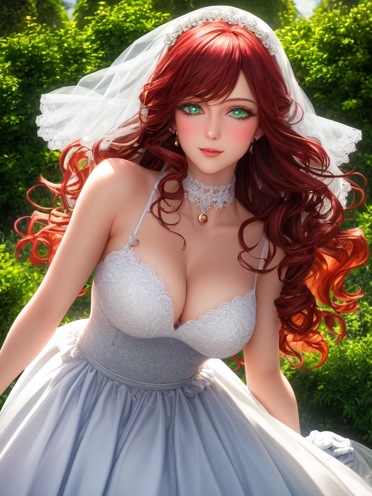 (masterpiece, best quality, highres:1.2), (photorealistic:1.2), (intricate and beautiful:1.2), (detailed light:1.2), (soft lighting, side lighting, reflected light), (colorful, dynamic angle), (1girl), standing, green eyes, beautiful detailed eyes, looking at viewer, (close up),
red hair, (long hair:1.2), (light smile:1.1), closed mouth, light blush, curly hair, medium breasts, cleavage, wedding dress, white dress, lace choker, white choker, lace gloves, white gloves,
garden, cowboy shot, full body, light passing through hair, (realistic skin texture:1.4), (HDR:1.2),