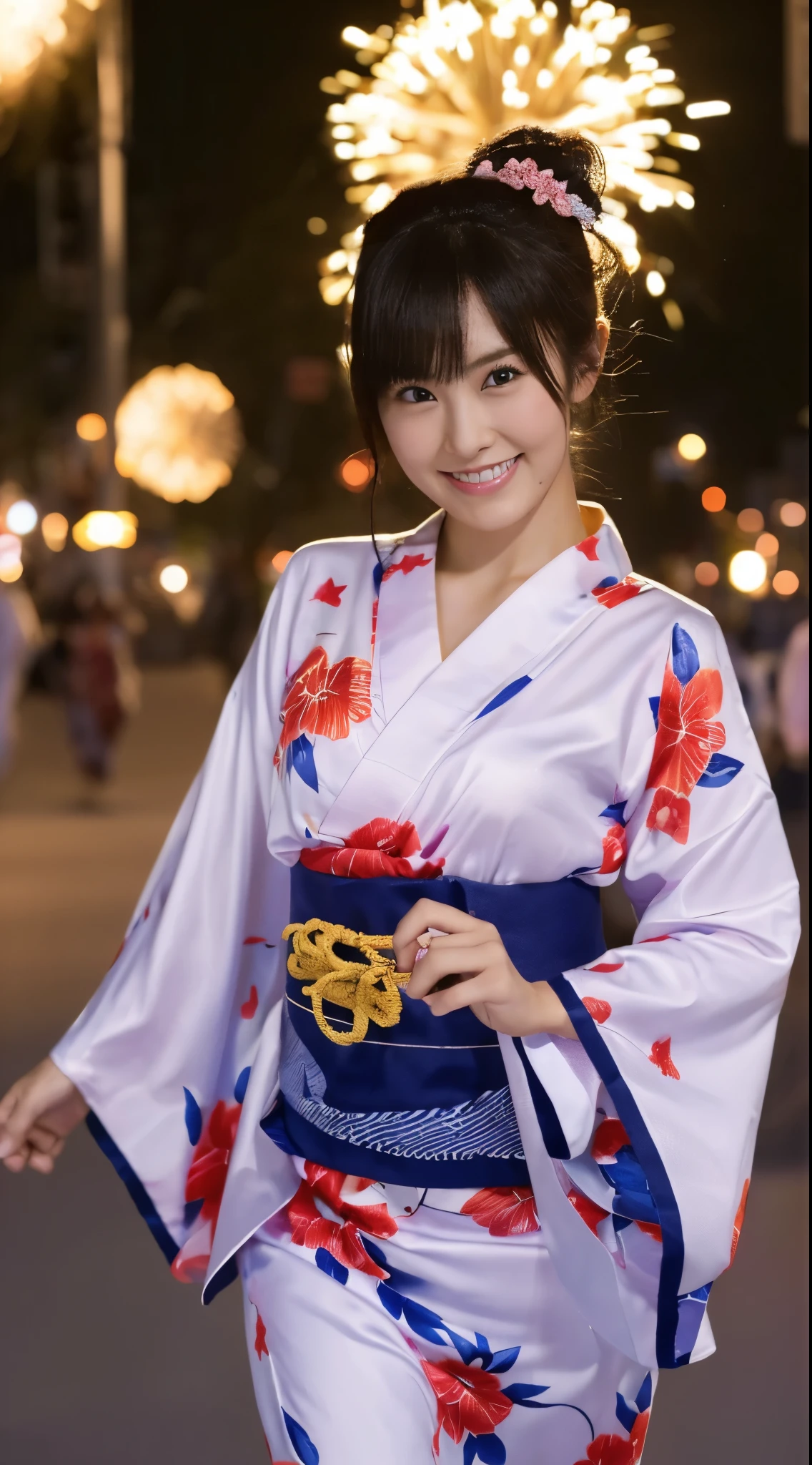 ((Masterpiece,Highest quality,Highest quality,8k,16K,Ultra-high resolution,Extremely detailed,Hyper Quality)),Japanese,Female college student,Beauty,Cute Girls,Large Breasts(G Cup),yukata,Summer festival,firework,night,(女の子がyukataを着てSummer festivalのfireworkをバックに楽しそうに佇んでいる様子)
