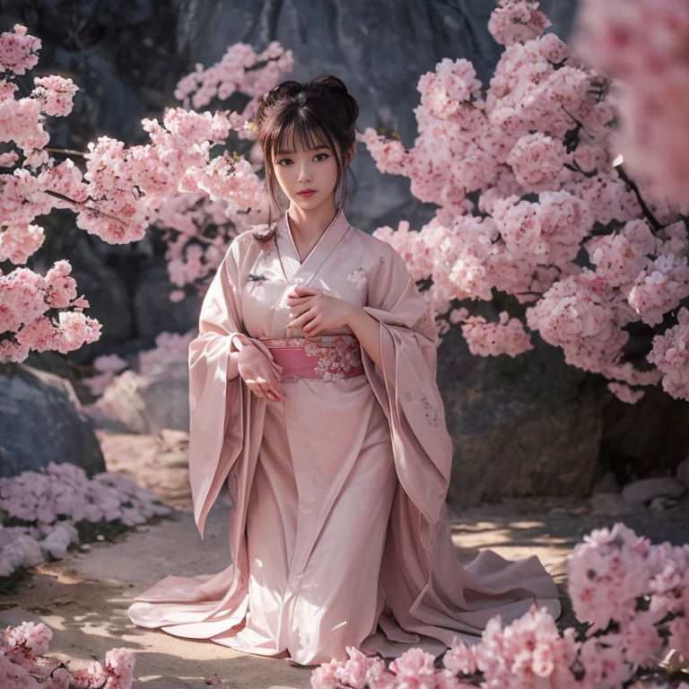 best quality, masterpiece, lifelike, 1 girl, solitary, eternity, Wearing a Sakura Kimono, Kneeling, Detailed Background, Delicate face,pink blush,,cold,((masterpiece))、(top quality)、8k、high detail、Super detailed、 21 years old female,masterpiece、born、fair、magic、realism、Visual effects、FXAA、SSAO、Shader、voiceless、ambient lighting、Tone mapping、High resolution、Ultra high quality、Million pixels、(8k resolution:1.10)、8k resolution、high detail、intricate details、 (high quality:1.2、masterpiece:1.2、:1.21)、(21 years old female)