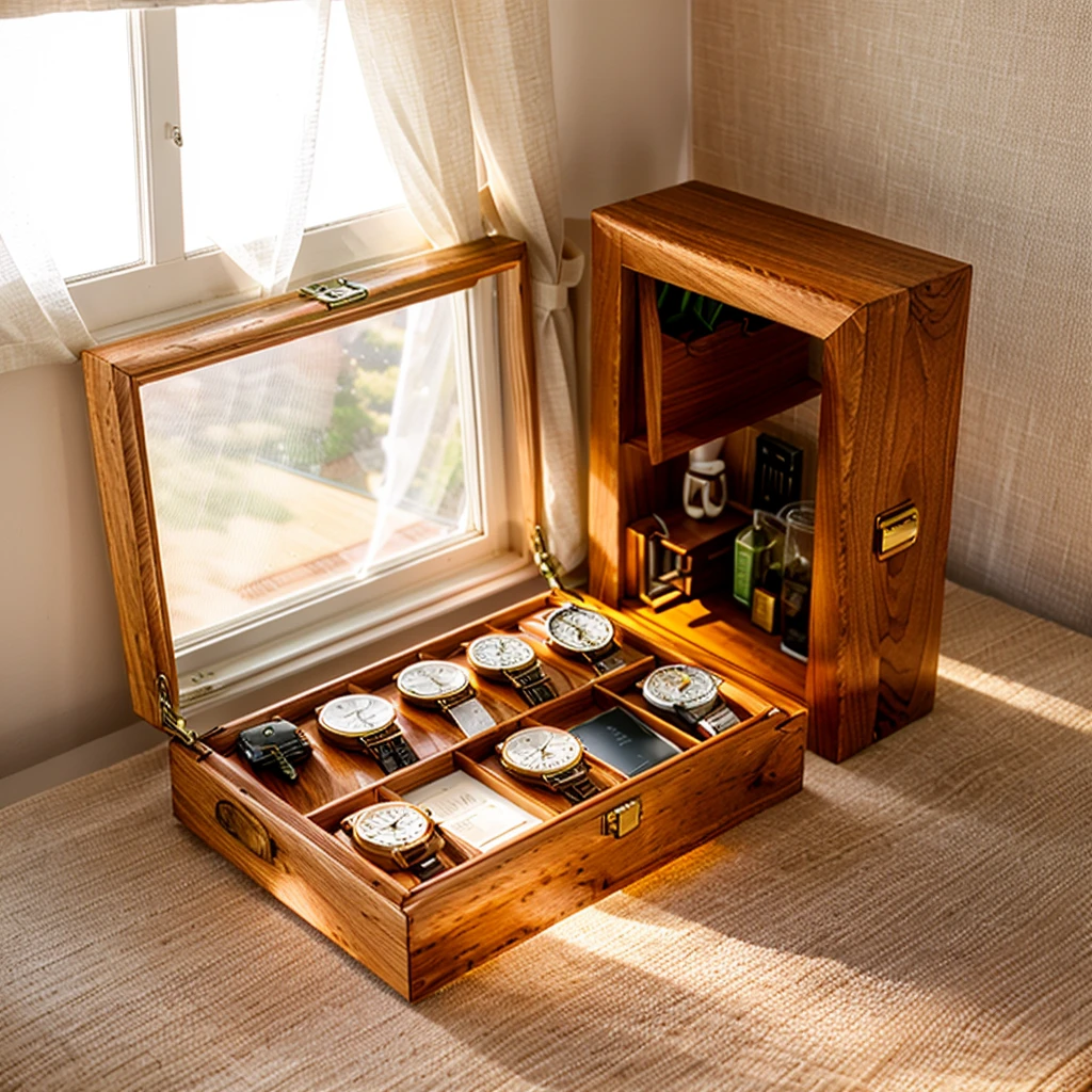 In this cozy room,A ray of sunlight shone through the half-drawn curtains on the table,Let the wood grain on the watch storage box shine with a faint luster。There was a calm and peaceful atmosphere in the air around them。There are several still lifes hanging on the walls of the room,It adds a touch of elegance to the space。And on the other side of the room,The half-open window lets in the breeze,The pages on the small desk by the window turned in the wind,This quiet scene gives a sense of tranquility and comfort。