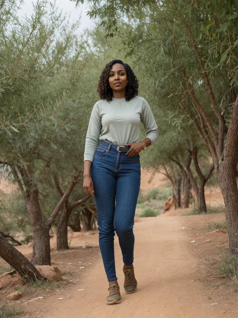 Amira, 1girl, solo, ((Sudanese woman)), consistent face and body, ((MILF)), ((30 years old)), (mature), ((slim)), ((Sudanese face)), (Sudanese nose), (Sudanese lips), short hair, upper body and upper legs, (background: overlooking Al Akhawayn University in Morocco), BREAK, (wearing stylish Comfortable hiking clothes)