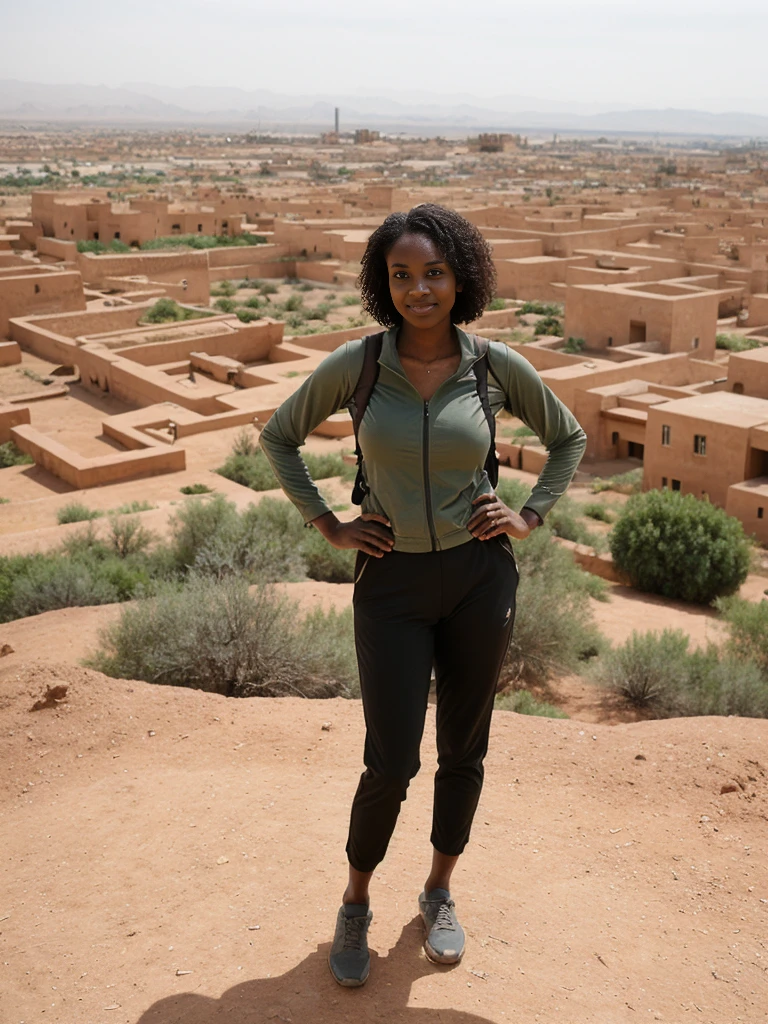 Amira, 1girl, solo, ((Sudanese woman)), consistent face and body, ((MILF)), ((30 years old)), (mature), ((slim)), ((Sudanese face)), (Sudanese nose), (Sudanese lips), short hair, upper body and upper legs, (background: overlooking Al Akhawayn University in Morocco), BREAK, (wearing stylish Comfortable hiking clothes)