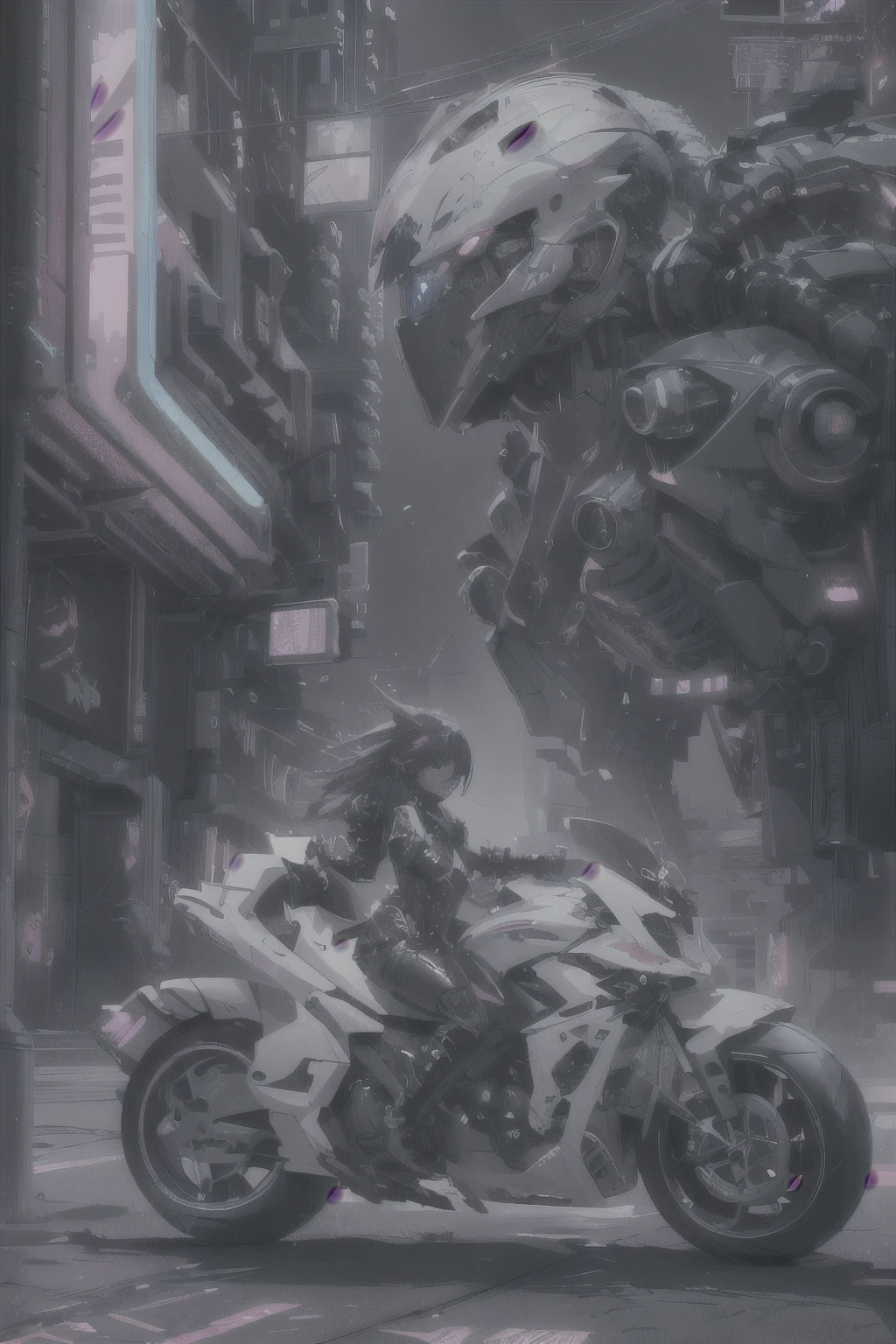 Dark_Fantasy,Cyberpunk, (Best quality, Masterpiece),white,1girl, cute, cyberpunk style, sitting in a hightech motorcycle, neon motorcycle, 🏍️, eating a candy 🍭, highest quality digital art, Stunning art, wallpaper 4k, highly detailed, military robot,army, warzone,black and white, highest quality digital art, Stunning art, wallpaper 4k,8k,k, HD, unparalleled masterpiece, dynamic lighting, cinematic, epic, damaged mechanical parts