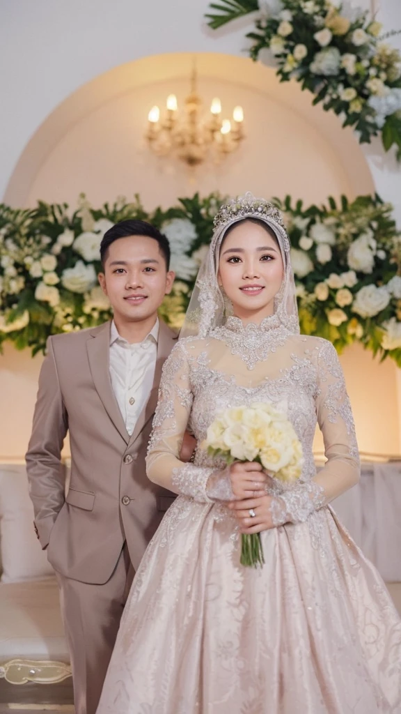 Photo of Indonesian bride and groom, 35 years old, wearing white dress and batik, very harmonious, detailed photo, sharp, ultra HD. 