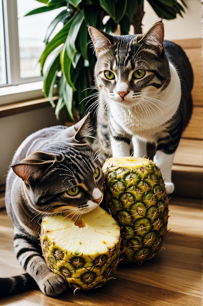 Cat eating pineapple