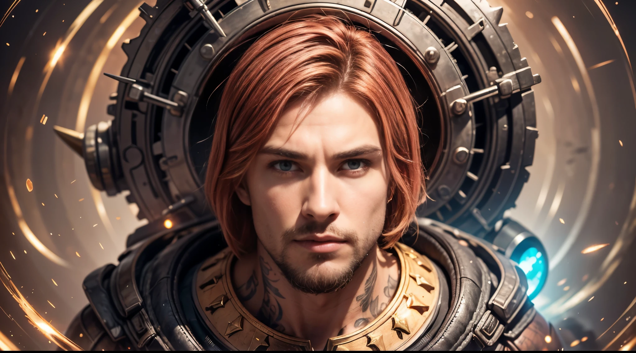 A strong man, short pink hair, short beard, has orange eyes, is underwater, has tattoos all in shades of black, has a golden trident, realistic drawing style, focus on the face